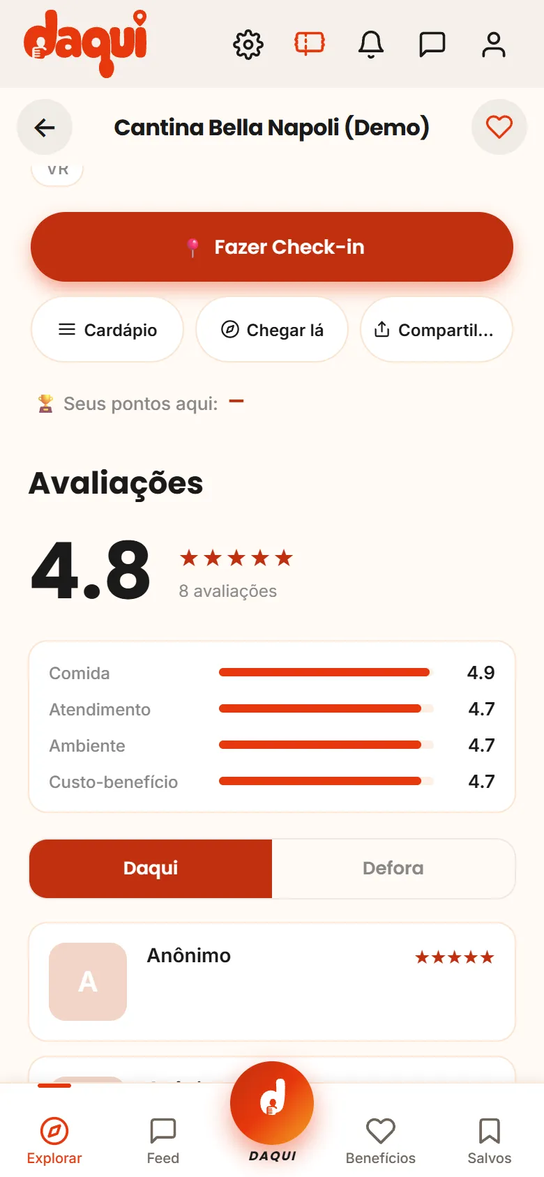 Botões de check-in, cardápio, como chegar e pontos