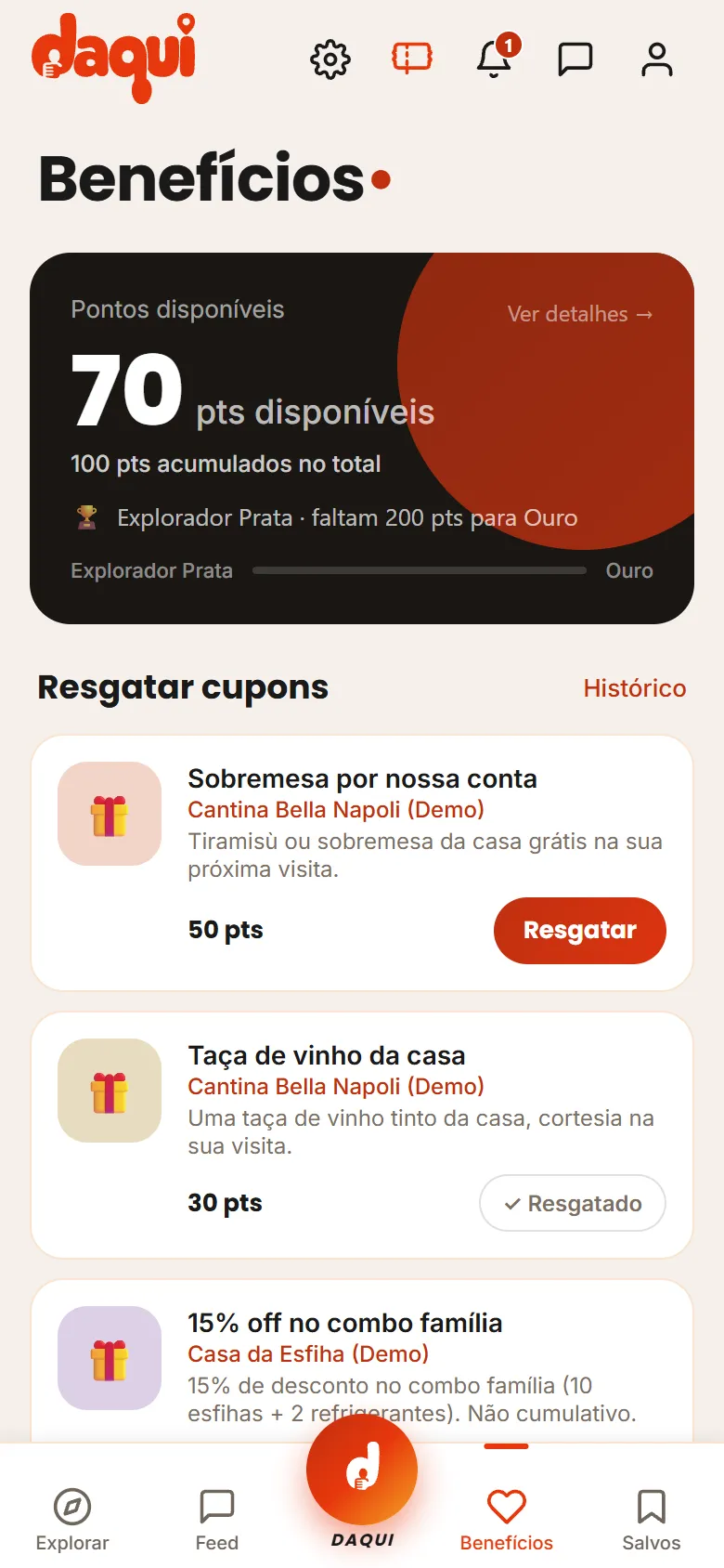 Tela de benefícios com pontos e cupons disponíveis