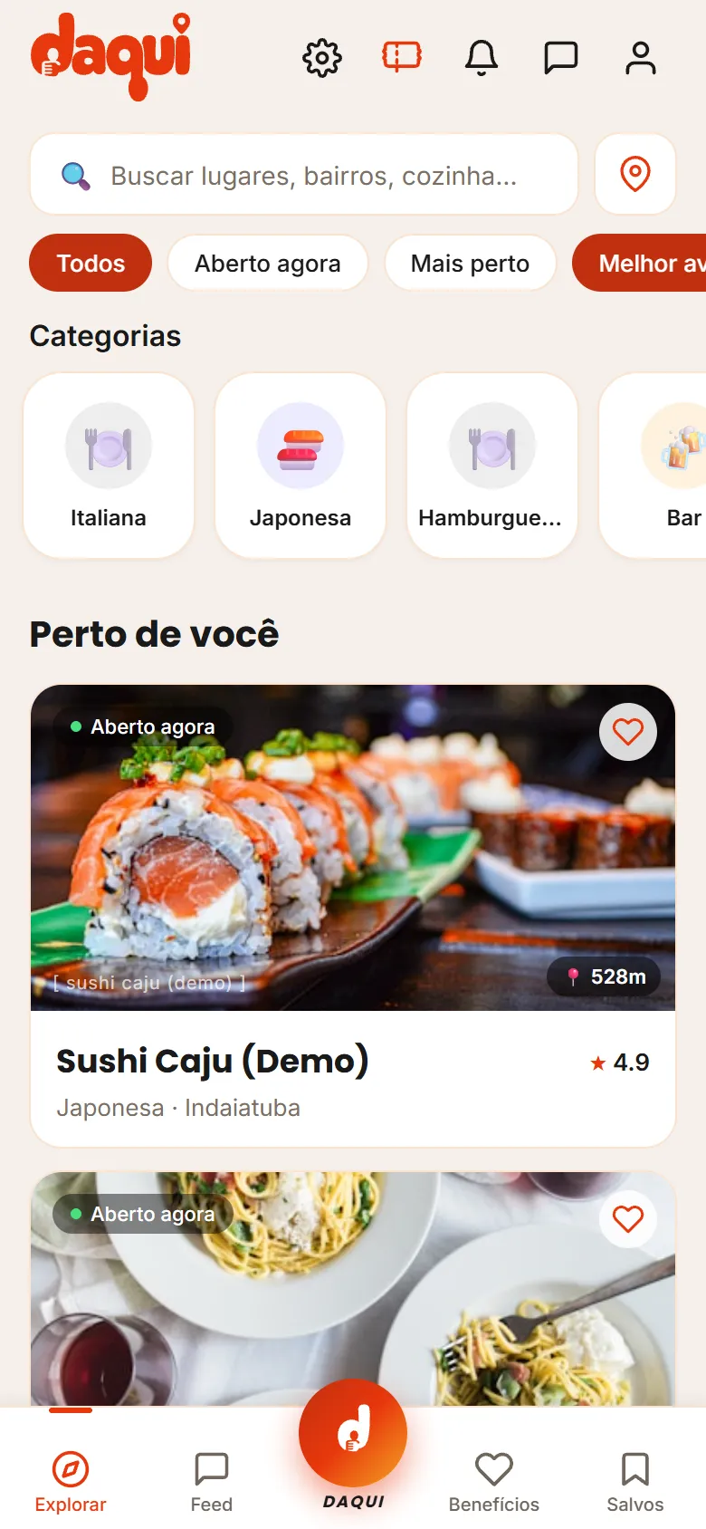 Tela inicial do Daqui com busca, categorias e restaurantes perto