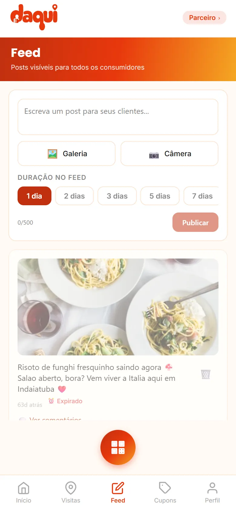 Tela de publicação do feed com campo de texto, foto e duração