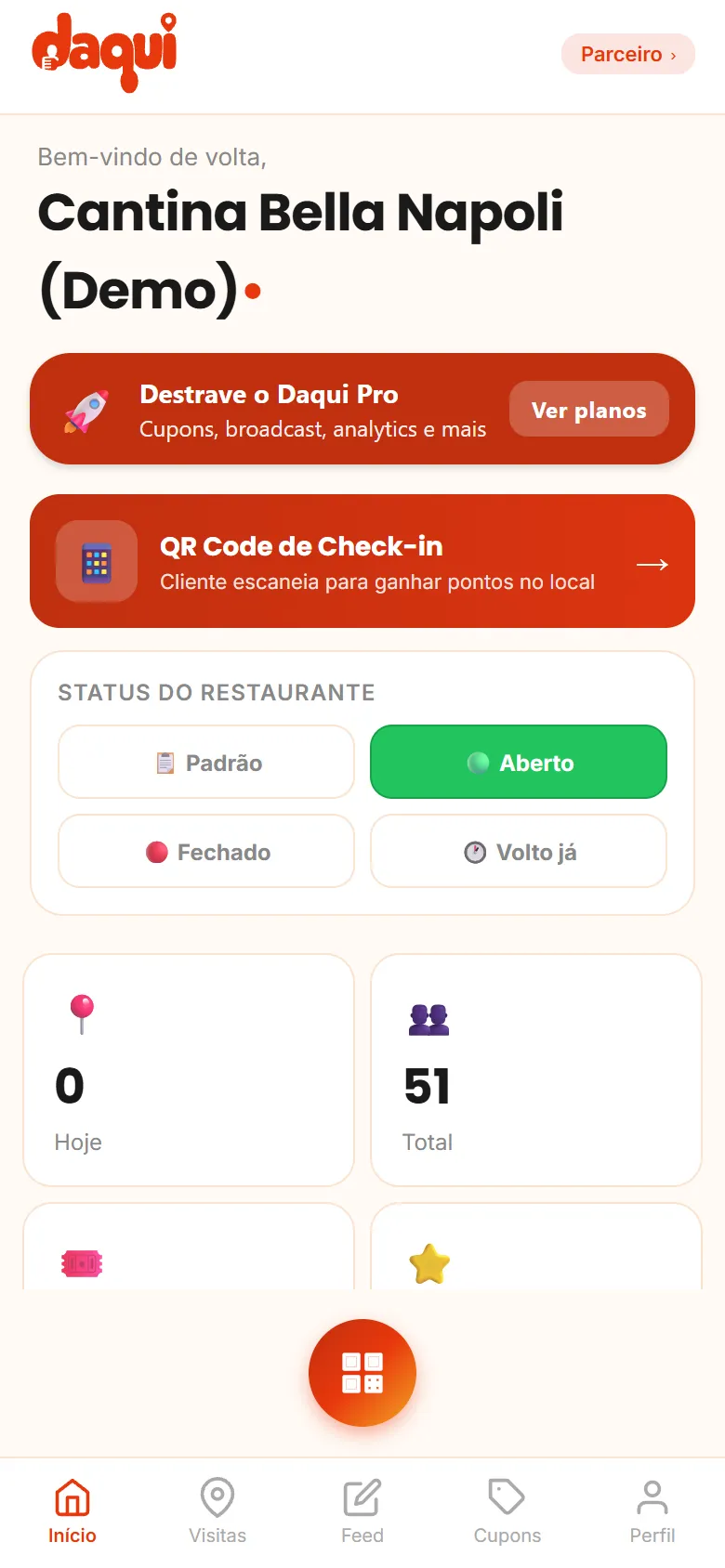 Painel do comerciante com status do salão, QR e contagem de visitas